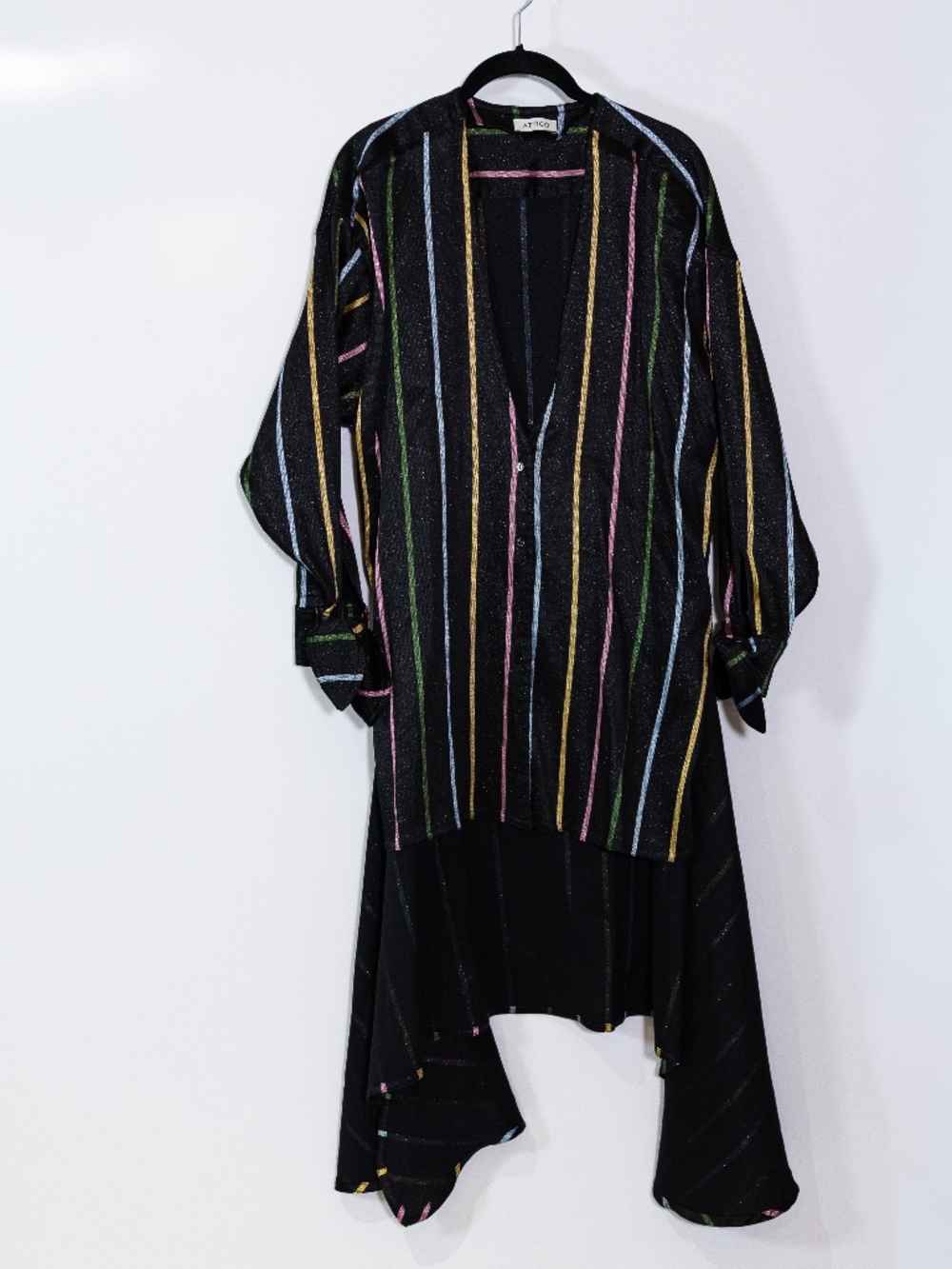 Attico Cotton Linen Metallic Sparkle Stripe Button Front Asymmetrical Dress M